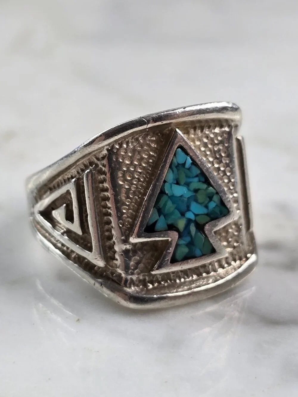 Mens Vintage Estate Sterling Silver Mosaic Turquoise Arrowhead Ring 13.4g E5552